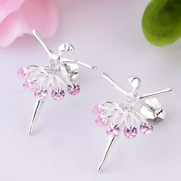 Jewelry - 925 Silver Flower Faily Angel Ballets Ballerina Dancer Pink Zircon Stud